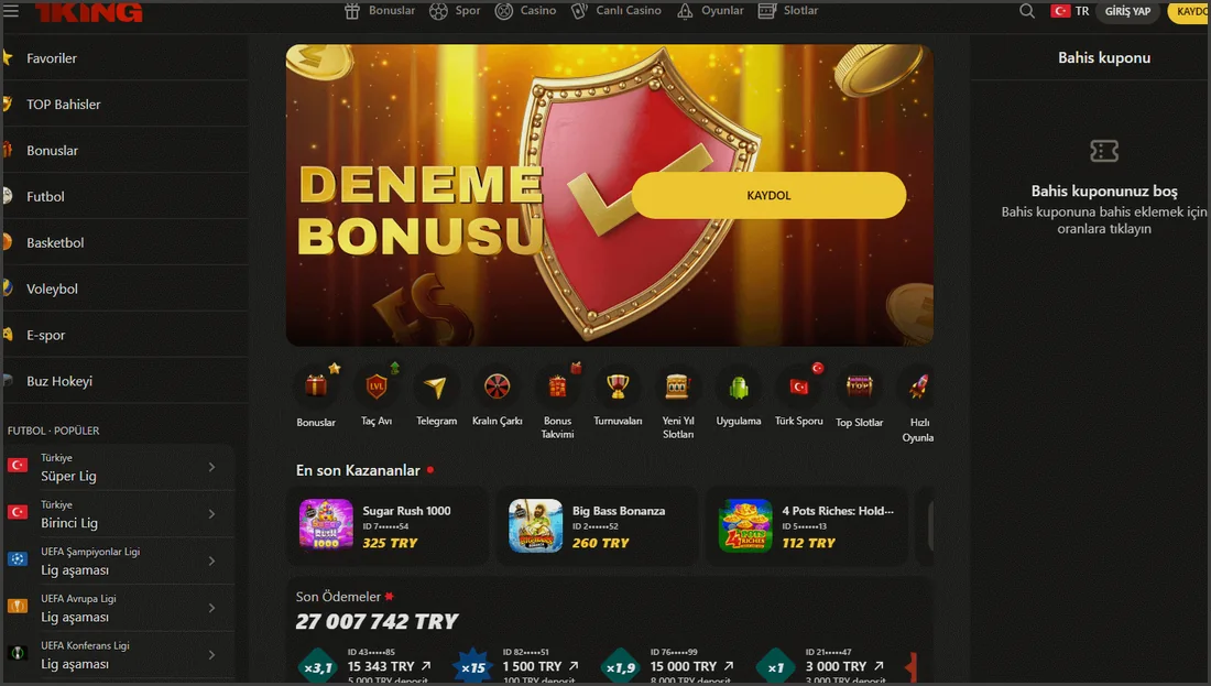 1King Bet ana sayfa görünümü: spor menüsü, deneme bonusu ve son kazananlar – resmi arayüz